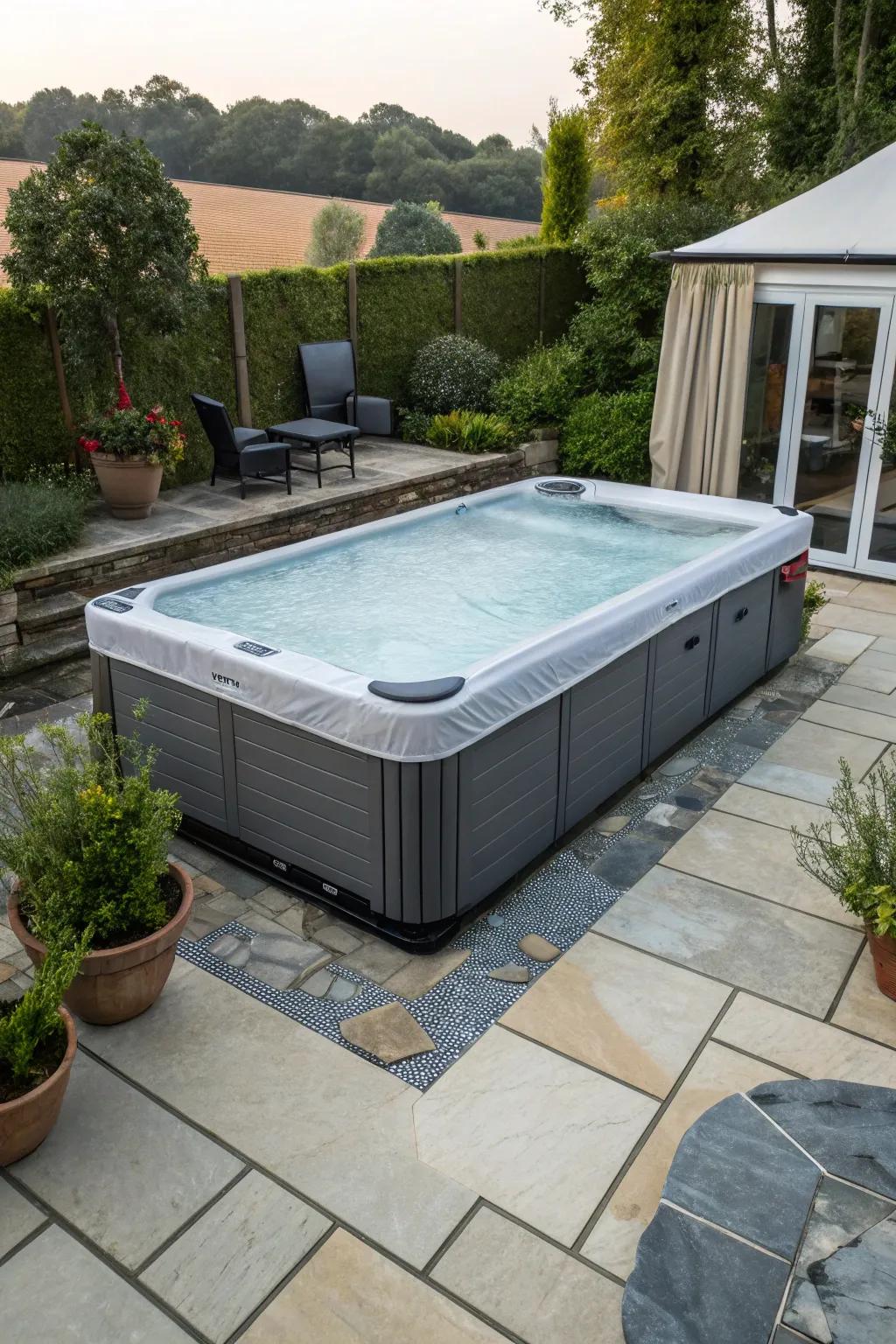 A stylish cover protects and beautifies your swim spa.