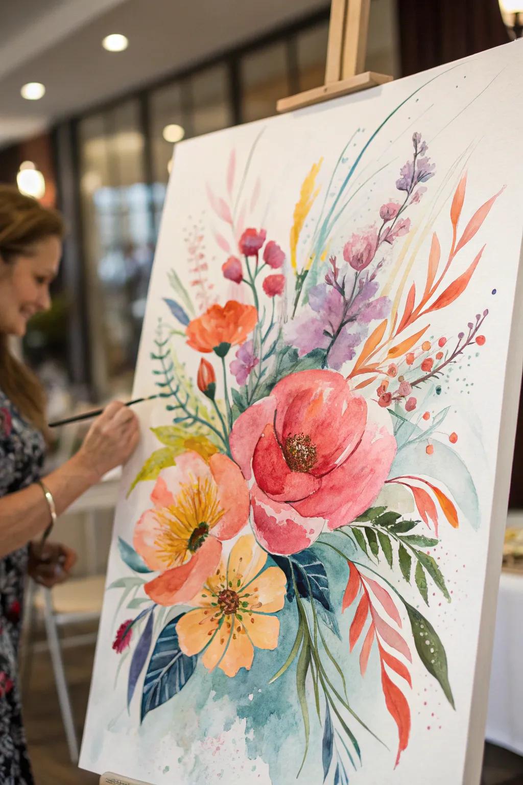 An abstract watercolor featuring floral blossoms.