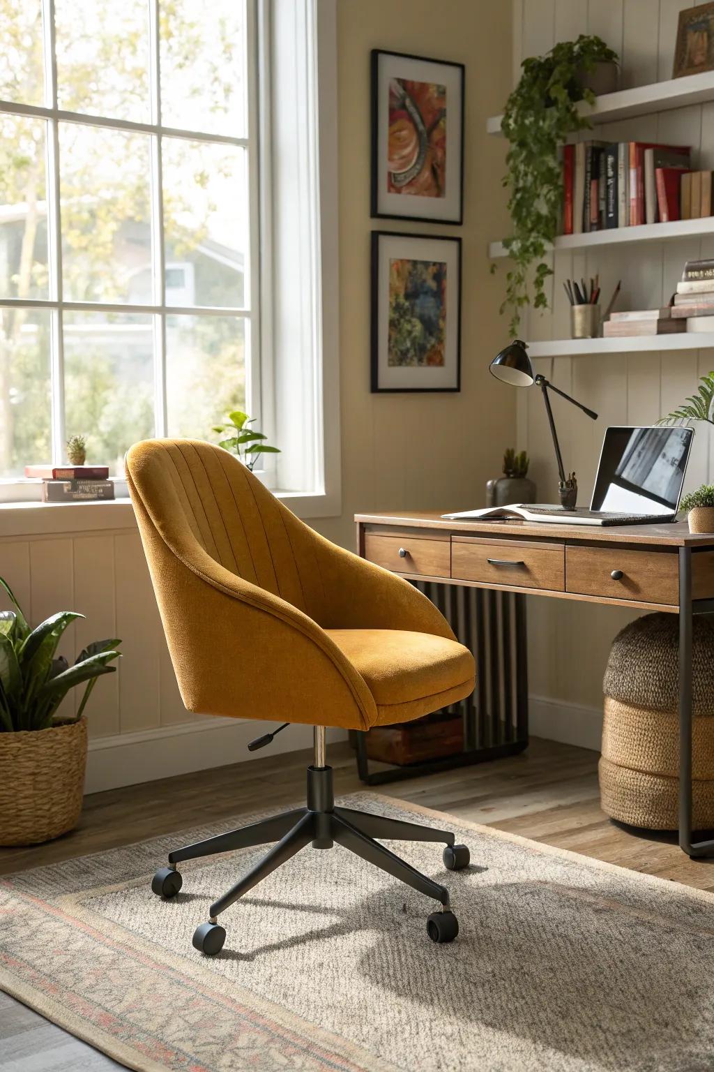 A rotating chair in the study introduces adaptability and enjoyment.
