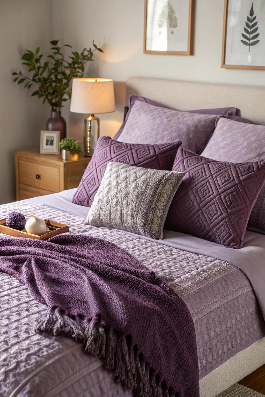 Enhance texture with purple accessories.