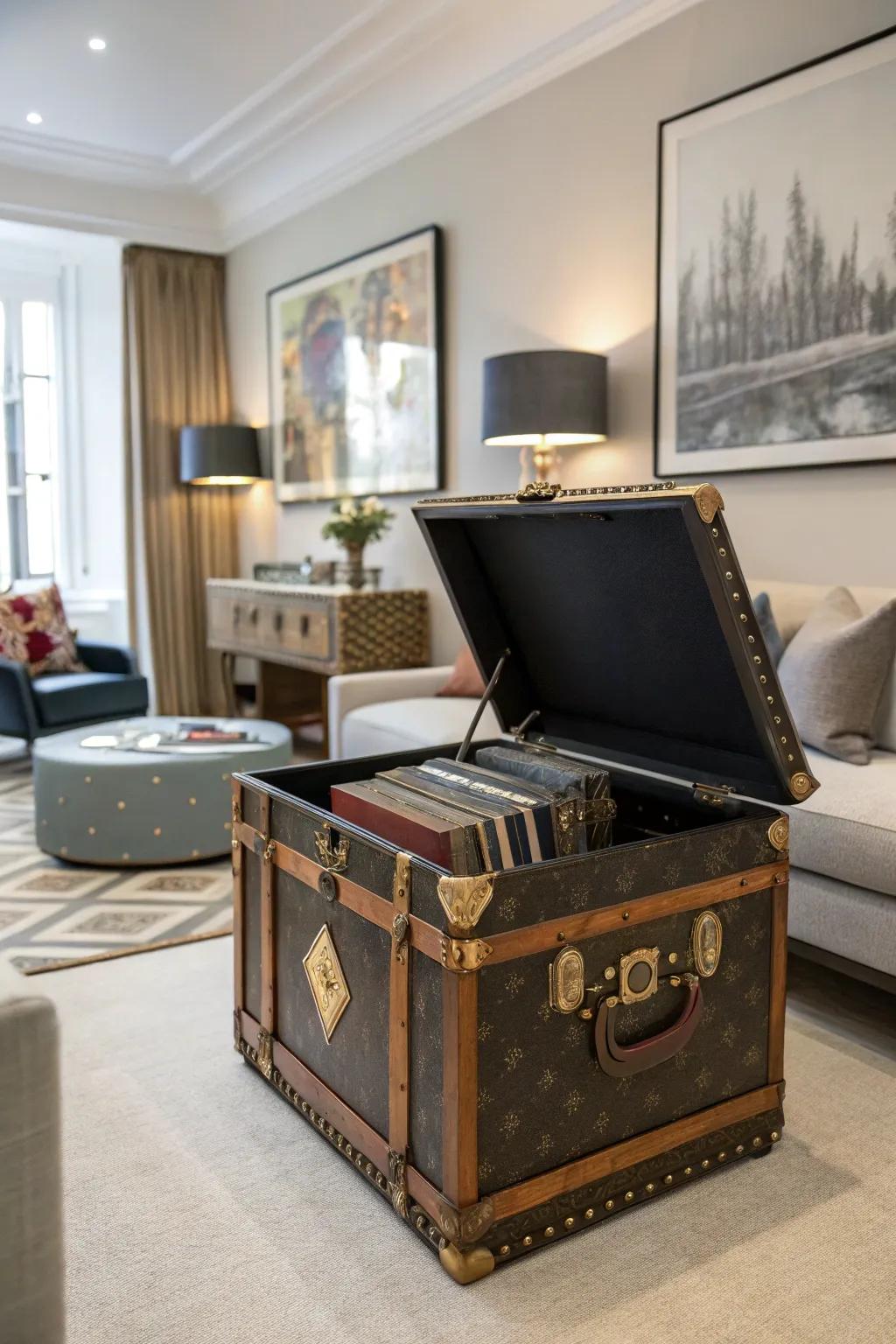 A vintage trunk used as a stylish and practical piece for vinyl record storage.