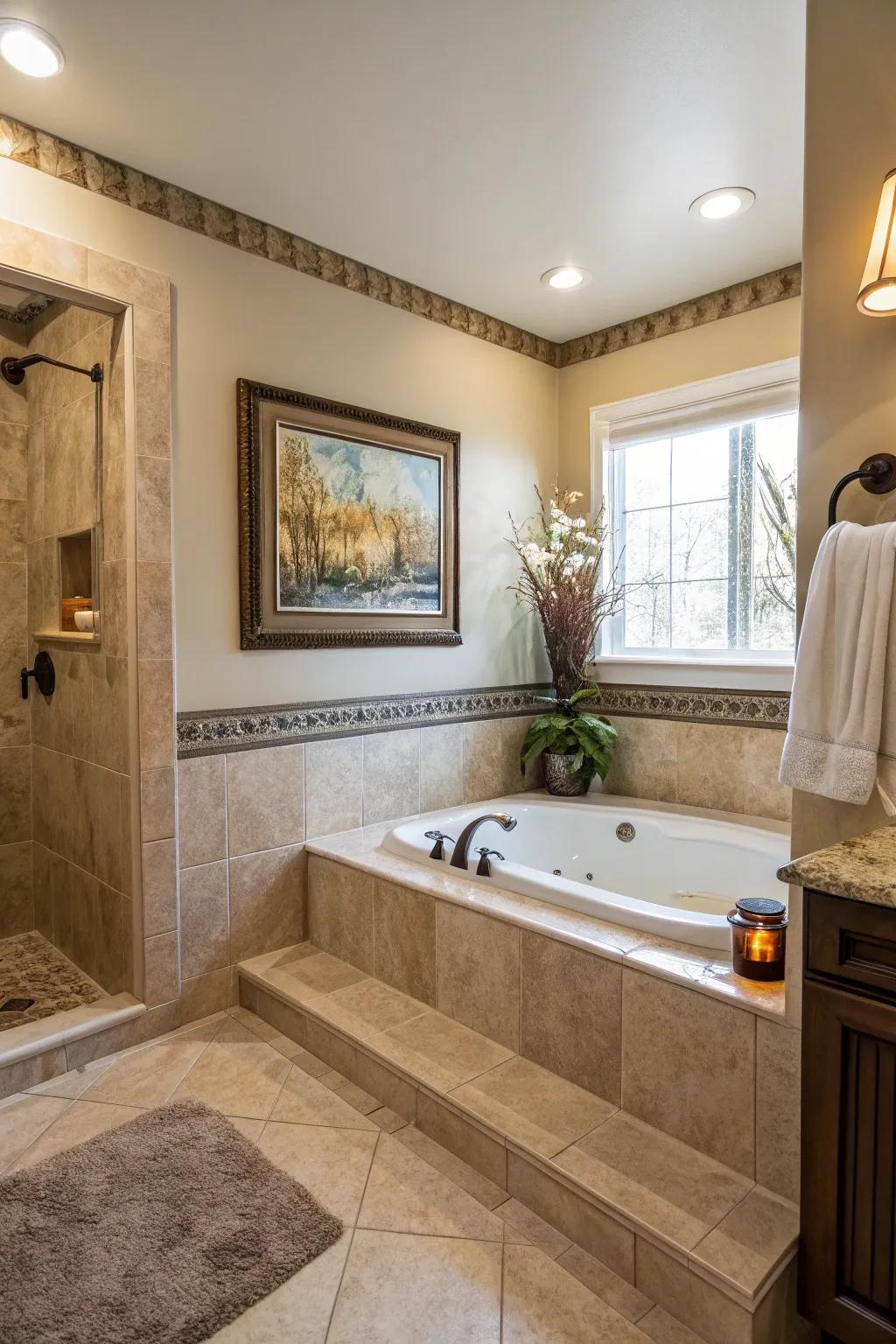 Express yourself by incorporating works of art into your bathroom decor.