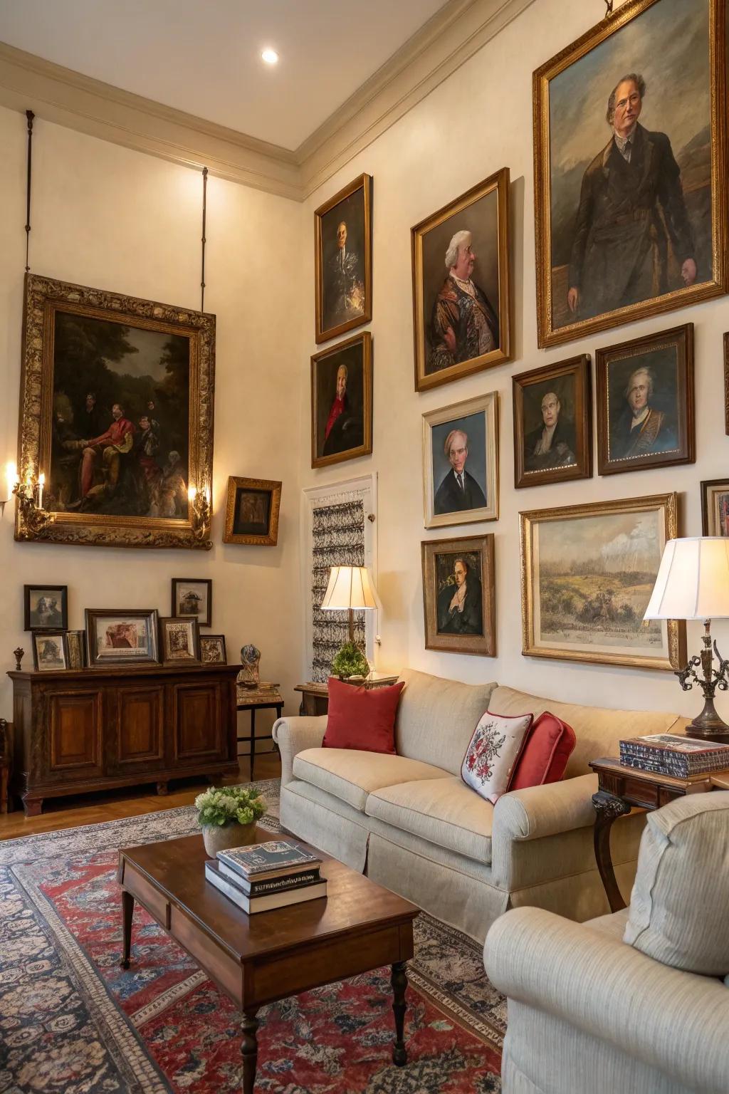 Portraiture and artwork enhancing the historical charm of a room.