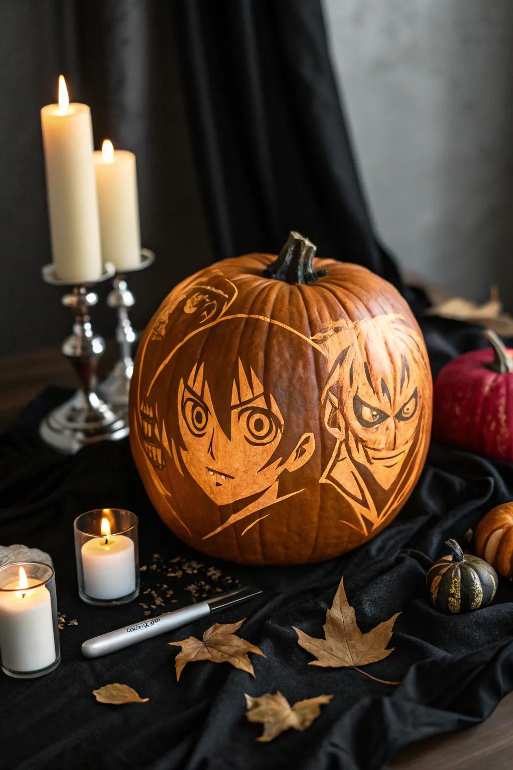 Captivate your guests with pumpkins featuring anime being face decor.