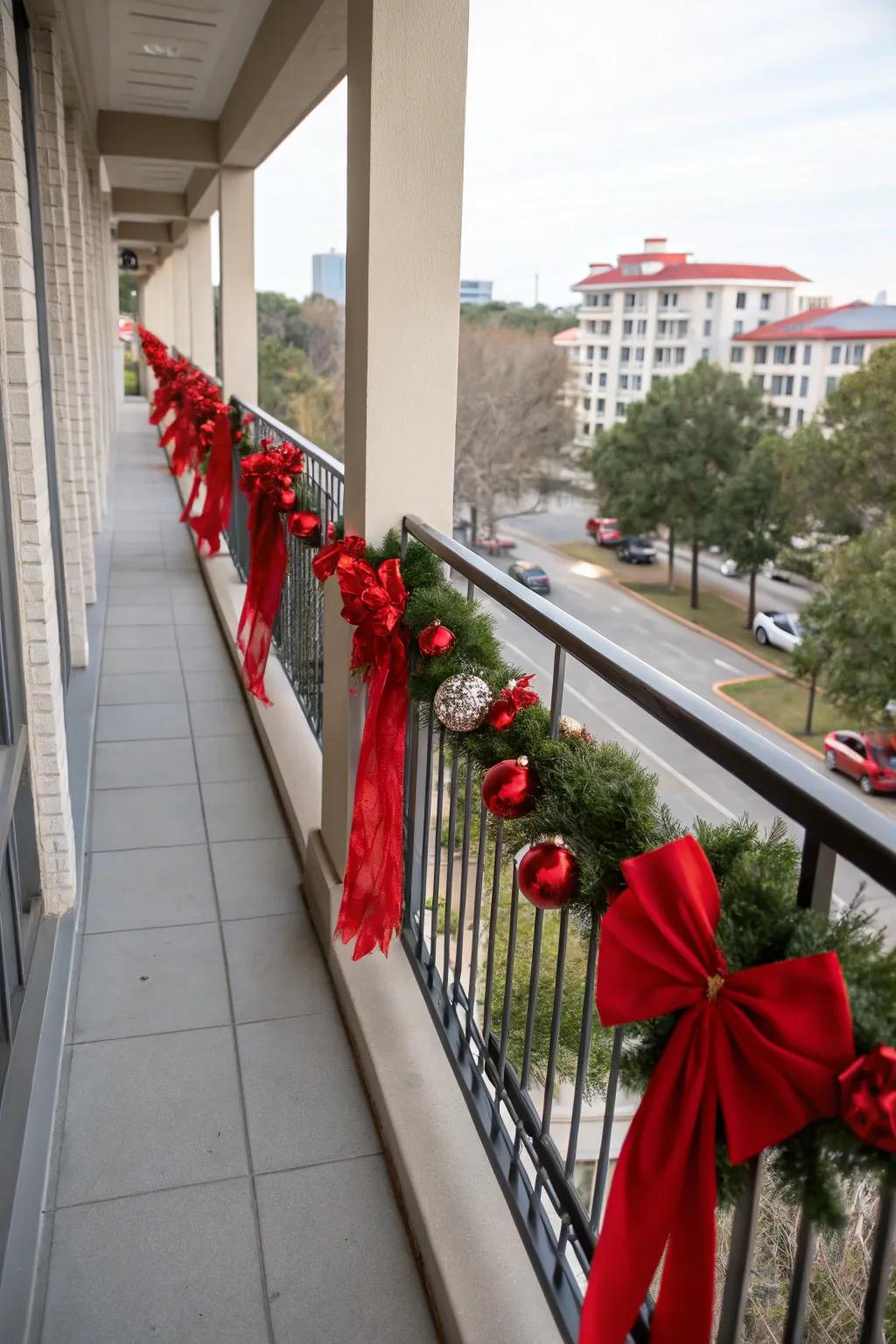Scarlet accents impart a quintessential Yuletide accent to this balcony.