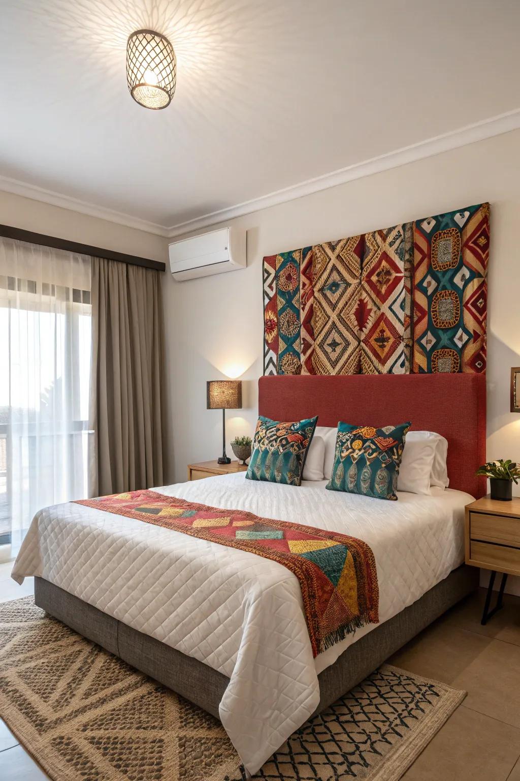 An apartment bedroom featuring an eye-catching statement headboard as a focal point.