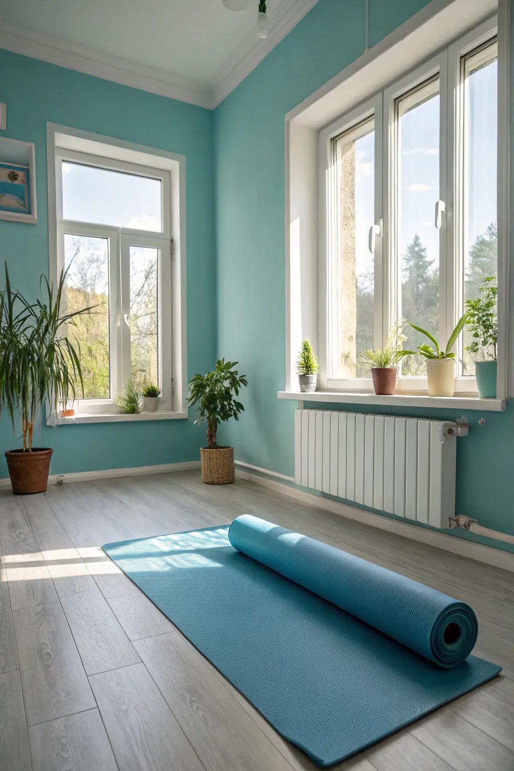 Relaxing colours make for a calm place to workout.