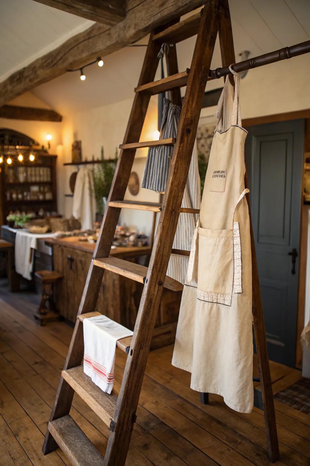 An antique ladder shelf adds country-style charm to apron arrangements.
