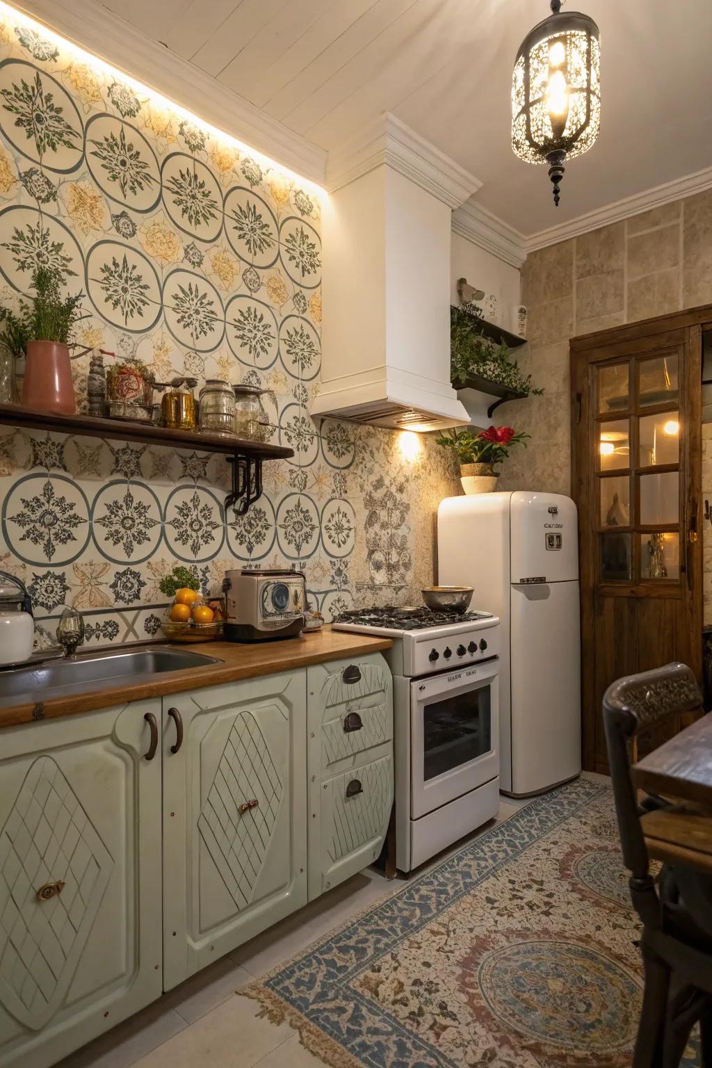 A kitchen with a vintage vibe created by arabesque medallion tiles.