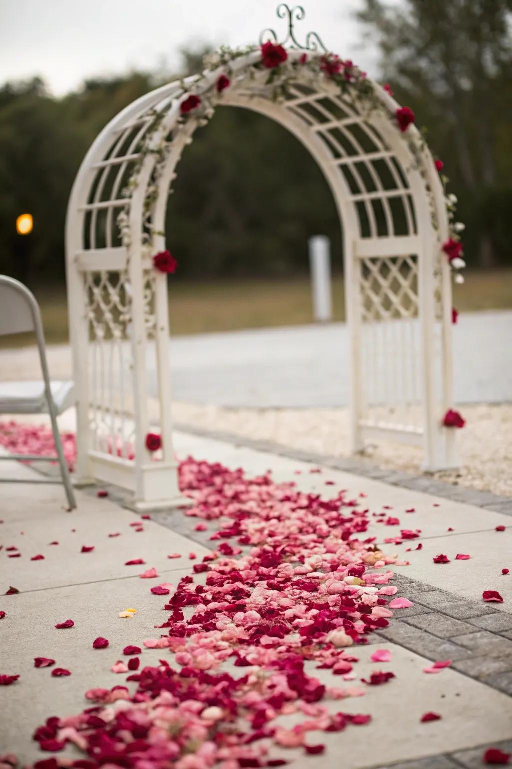 An amorous arch through flower segments dispersed around its base.