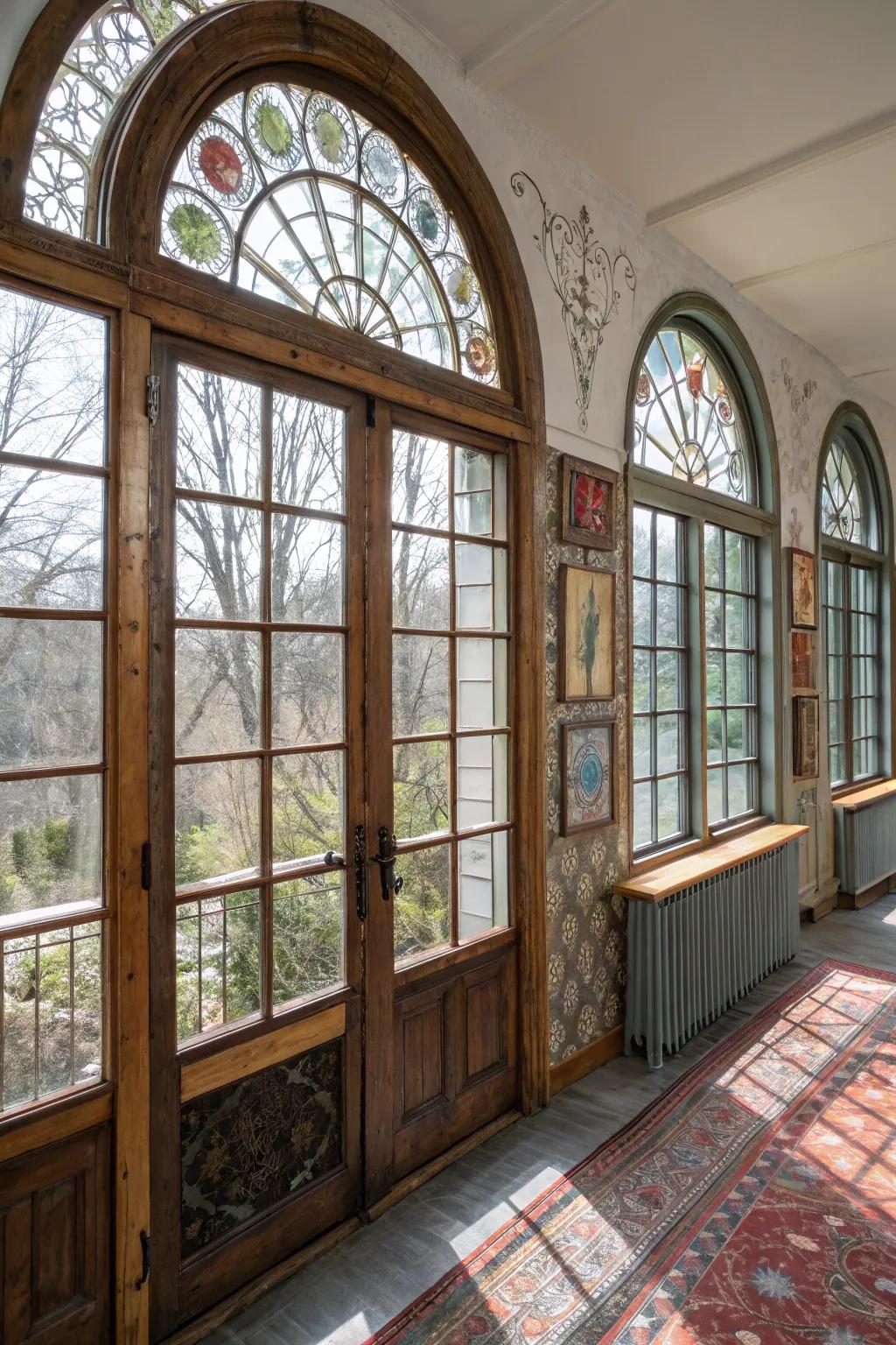 An eclectic room features a blended material treatment on arched windows, adding richness and depth to the space.