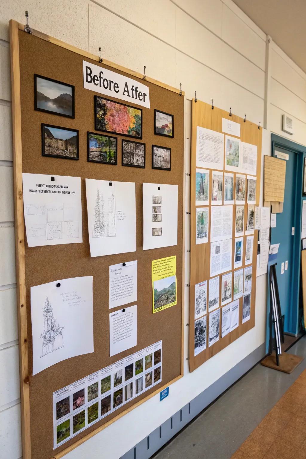 A bulletin board displaying before and after art pieces.