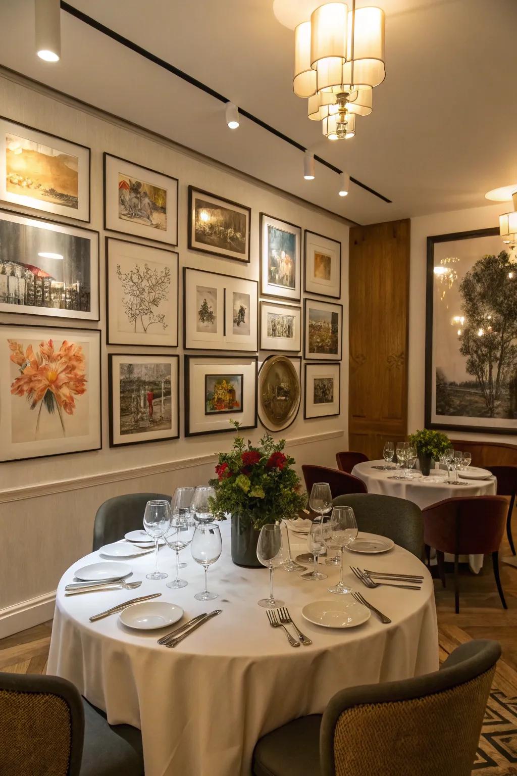A gallery wall displaying diverse artworks infuses character and charm into this dining space.