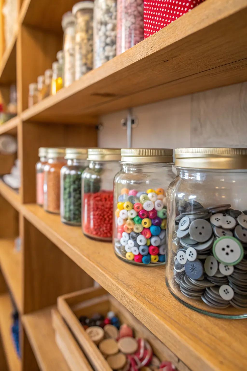 Glass jars provide pretty and practical storage for small items.