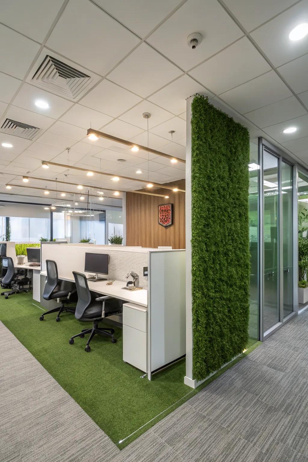 A modern office space featuring an artificial grass wall for a lively atmosphere.