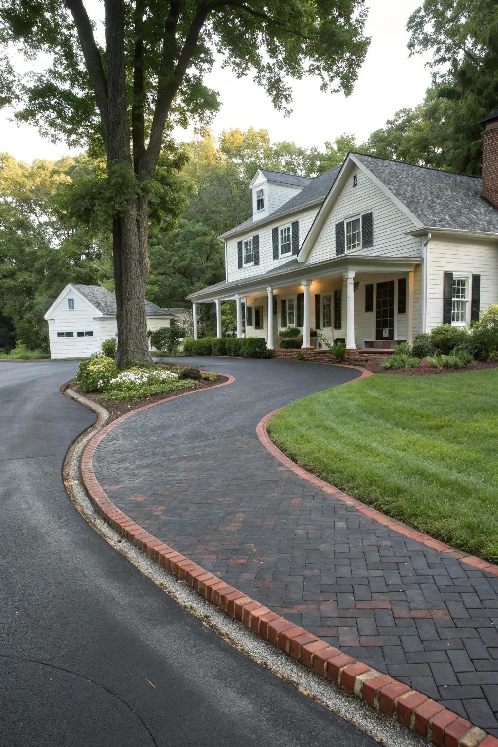 Brick pavers add timeless symmetry and appeal to this classic driveway.