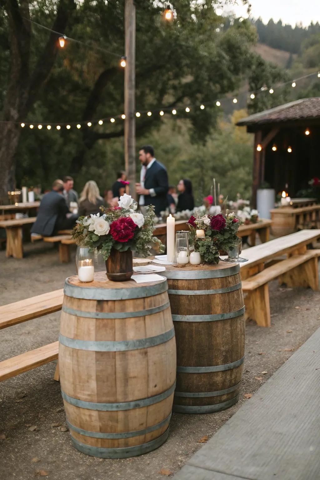 Wooden barrels add a rustic touch to wedding tables.