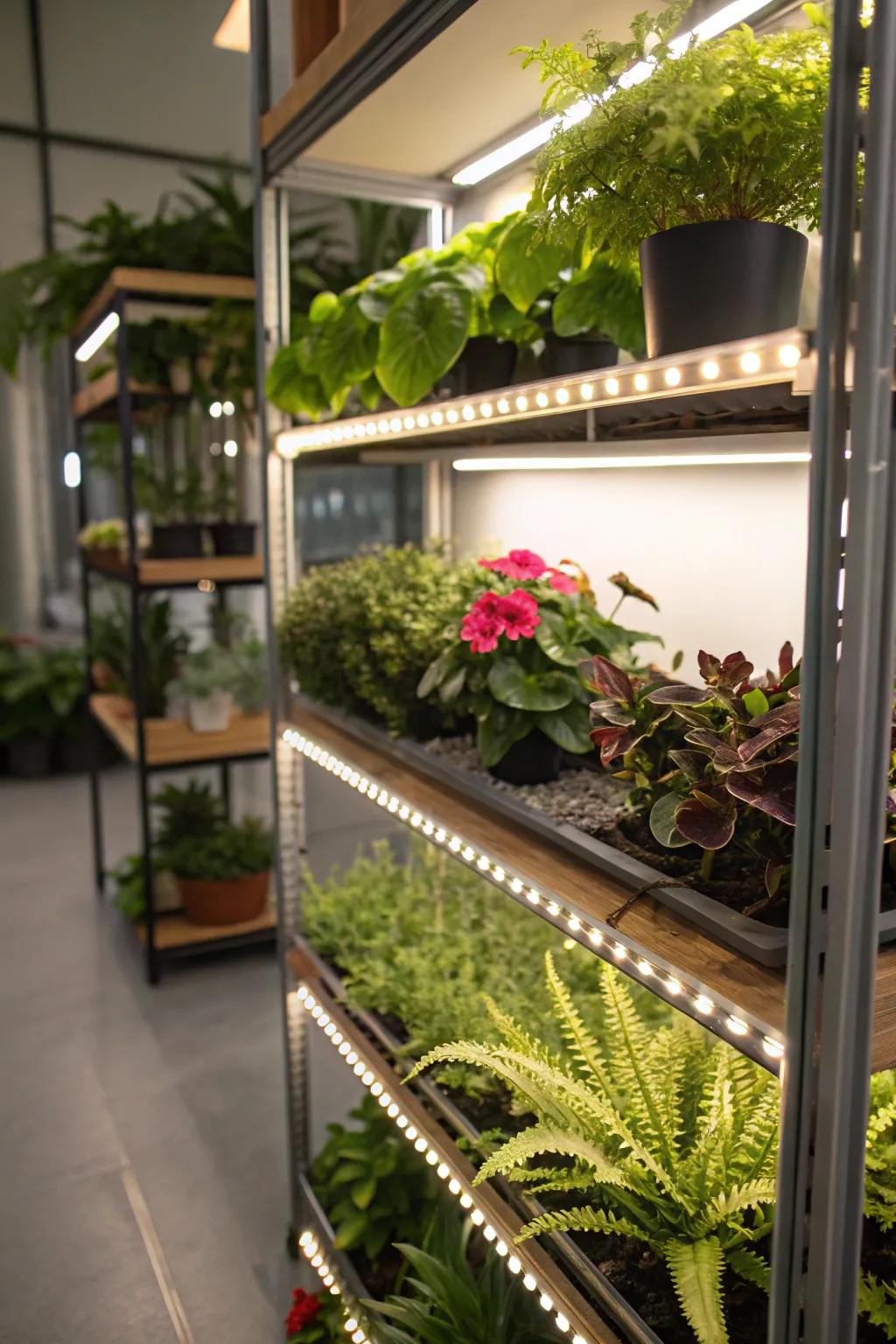 LED strip lighting accenting plant shelves with a cozy glow.