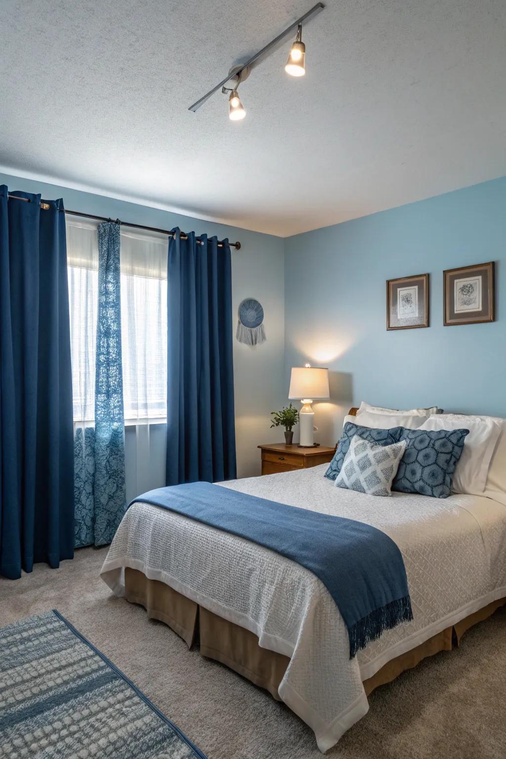 Contrasting blue hues add dimension and drama to a serene bedroom.