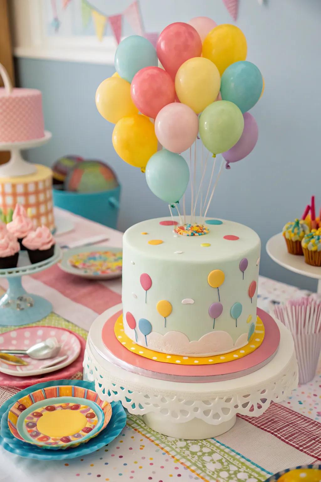 A balloon-inspired cake featuring cheerful and colorful decorations.