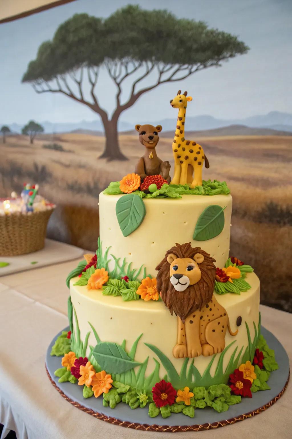 A sweet safari-themed cake for a baby boy shower.