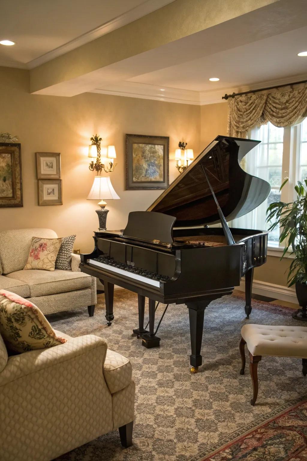 A comforting corner nook furnishes an intimate musical experience.