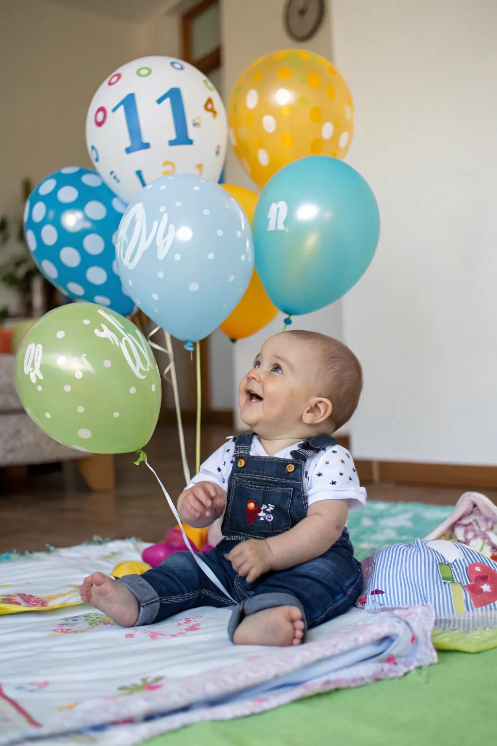 Balloons convey a joyous sensation to monthly photo sessions.