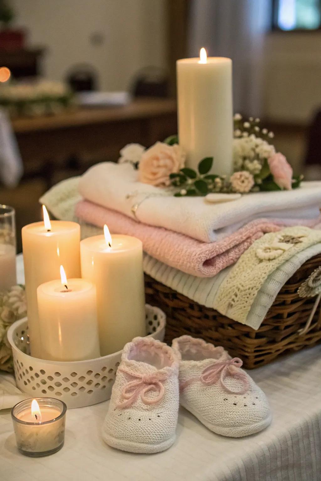 Waxen sticks with infant objects establish a snug, warm ambiance.