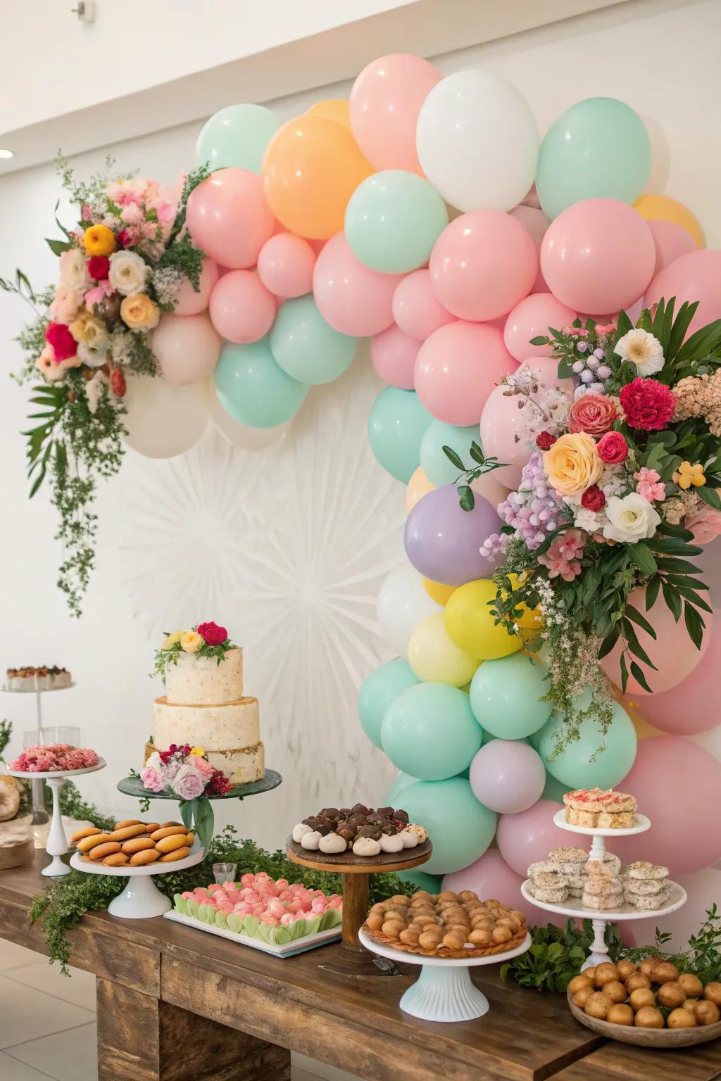 An ornamental background featuring balloons and floral elements.