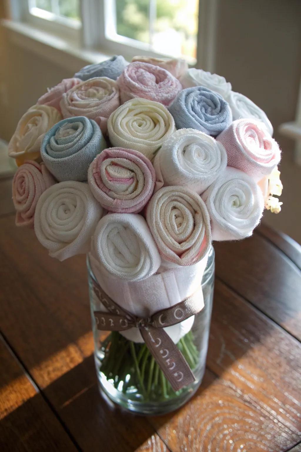A stunning bouquet made from baby clothes, a practical and beautiful gift.