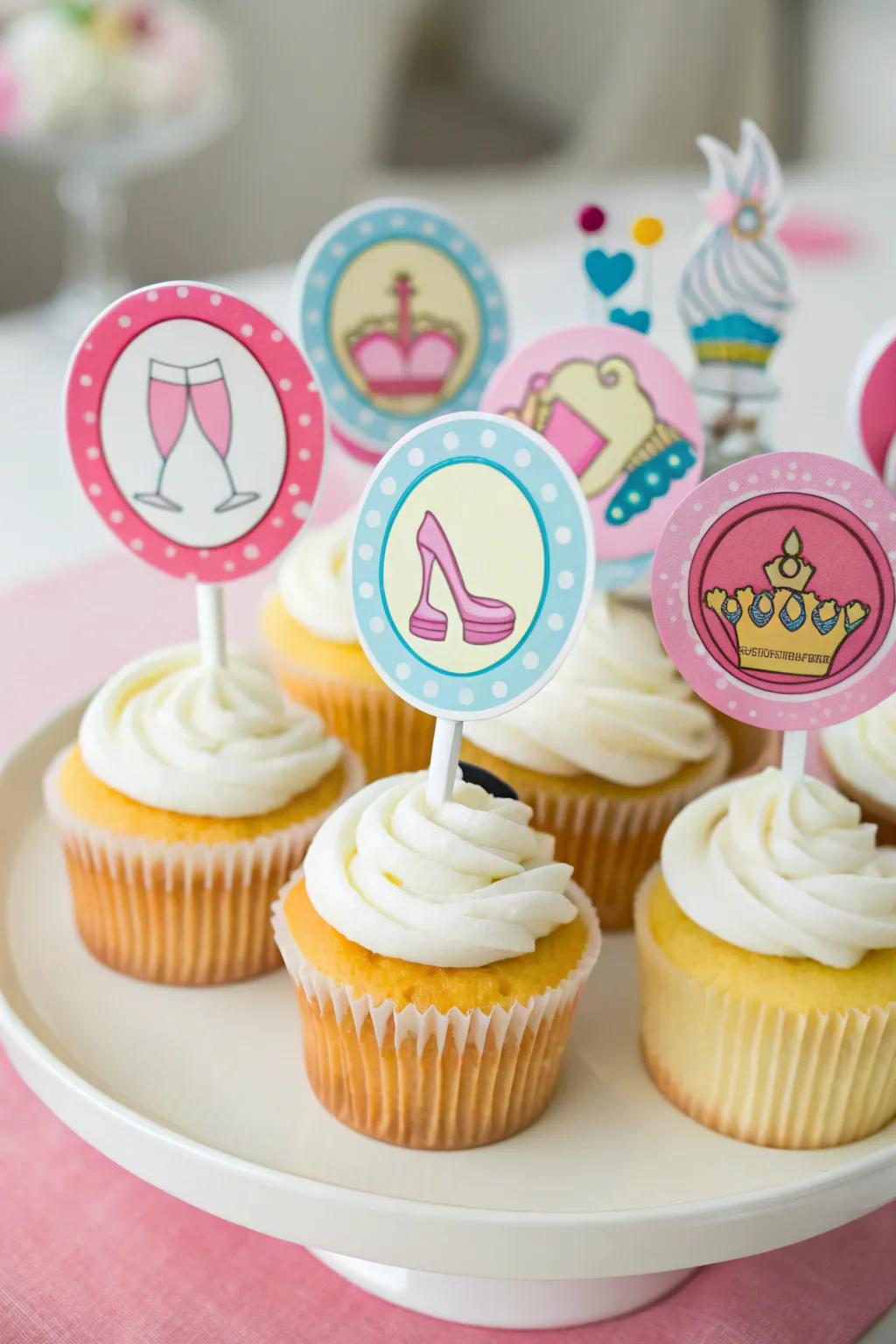 Delightful cupcakes with themed toppers.