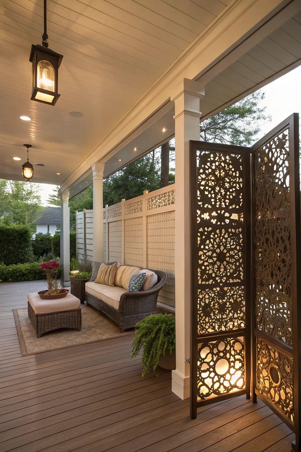 Augment privacy gracing your porch inclusive of ornamental screens.