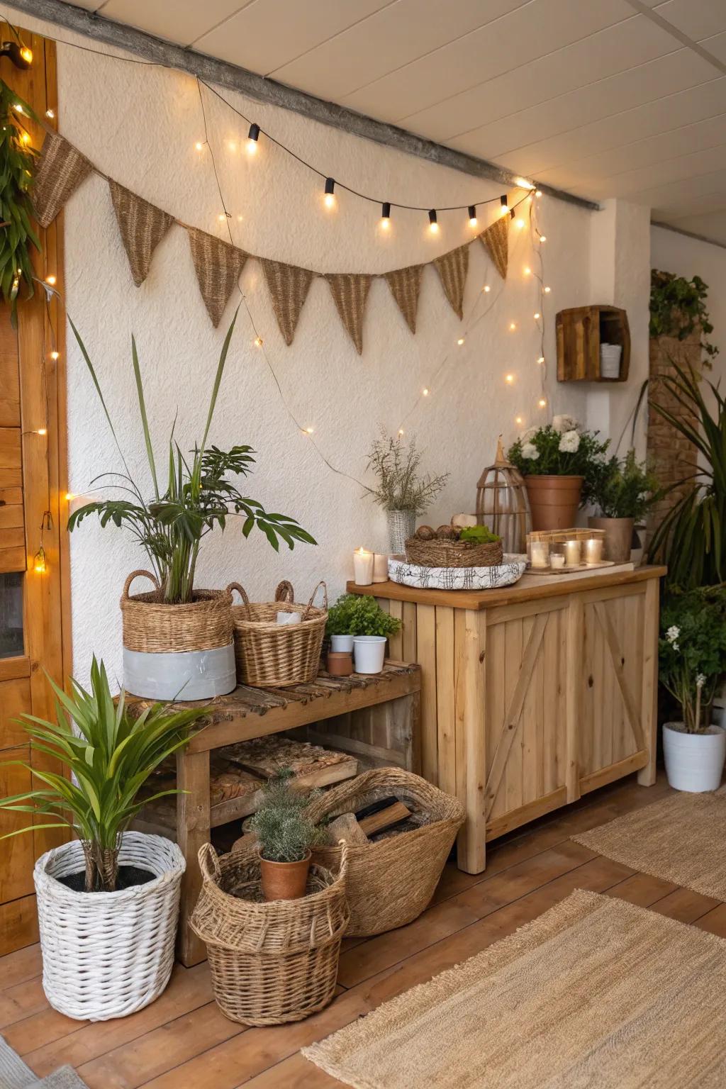 Bring warmth with a rustic wooden backdrop.