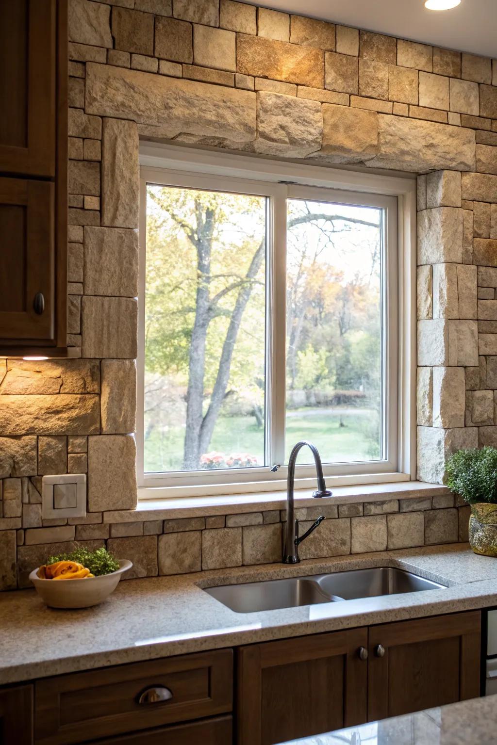 Unprocessed rock tiles providing an organic feel around a kitchen window.