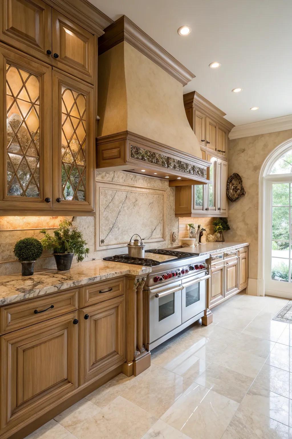 Marble tiles introduce a stroke of elegance to maple cabinets.