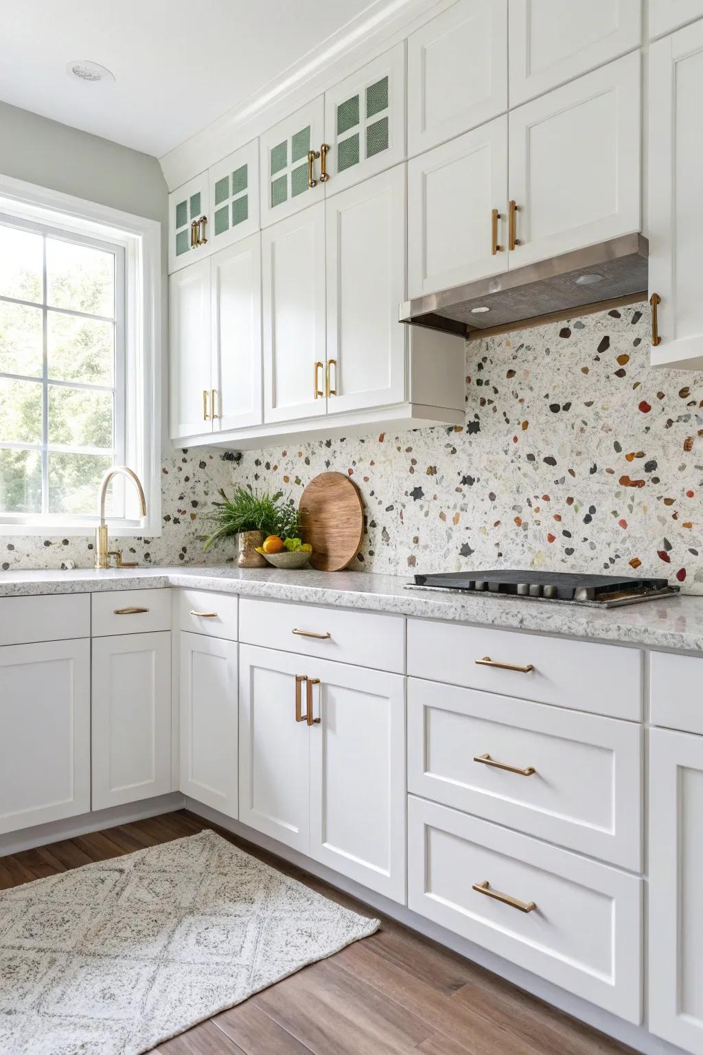 Speckled stone art pieces provide a playful blend of hues.
