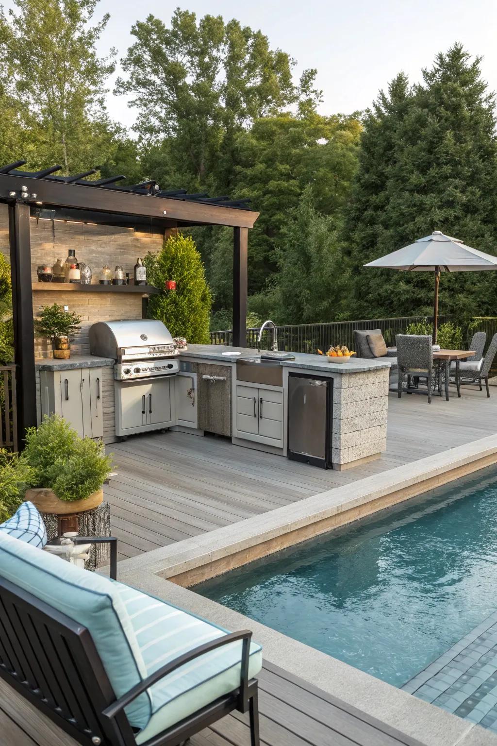 Poolside get-togethers are made even more pleasurable with an outdoor kitchen.