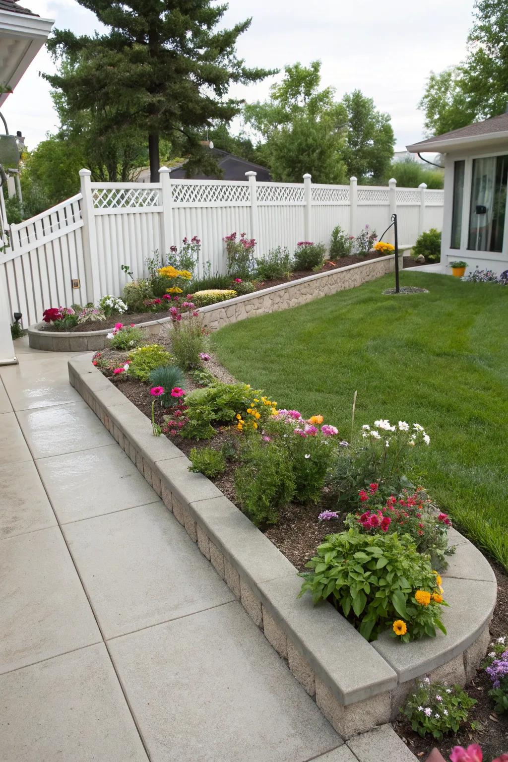 Concrete borders help maintain a neat and organized garden area.