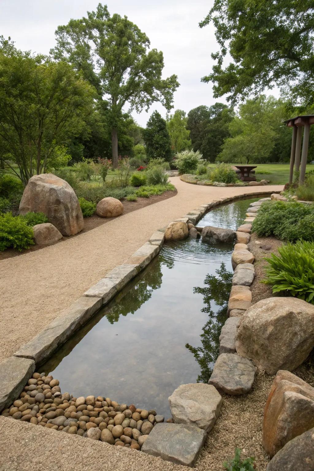 A serene water feature paired with finely crushed rock for a calming garden atmosphere.