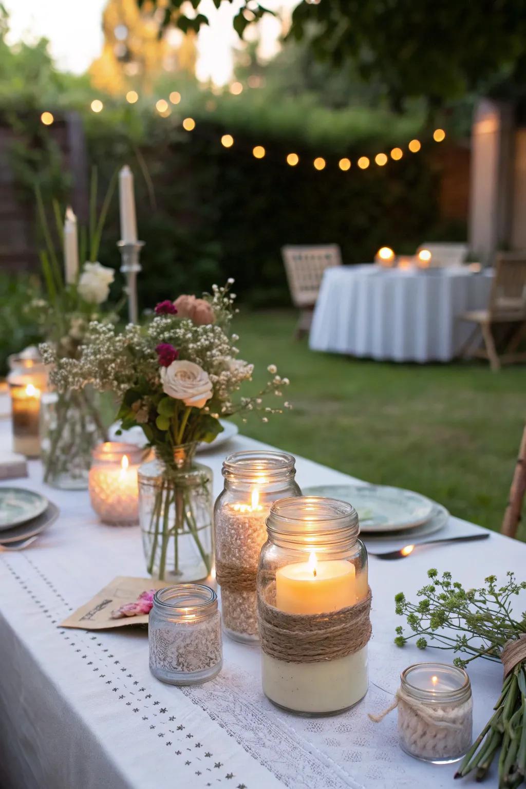 Homemade light holders give a personal touch and warm glow to the party.