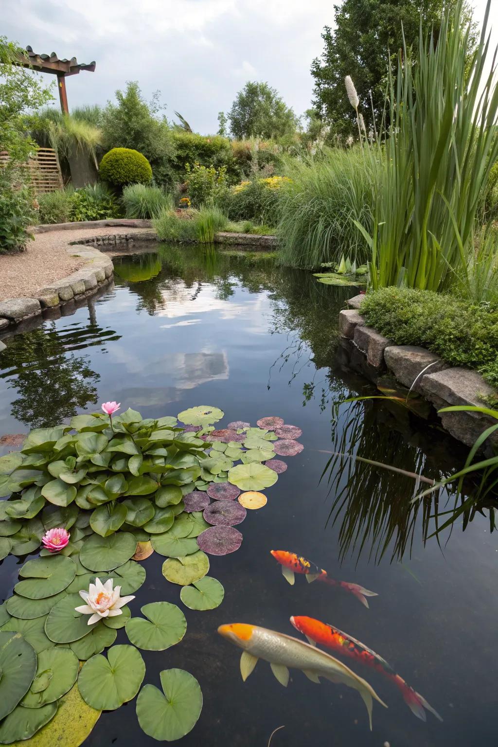 A serene pond invites tranquility and natural charm into your garden.