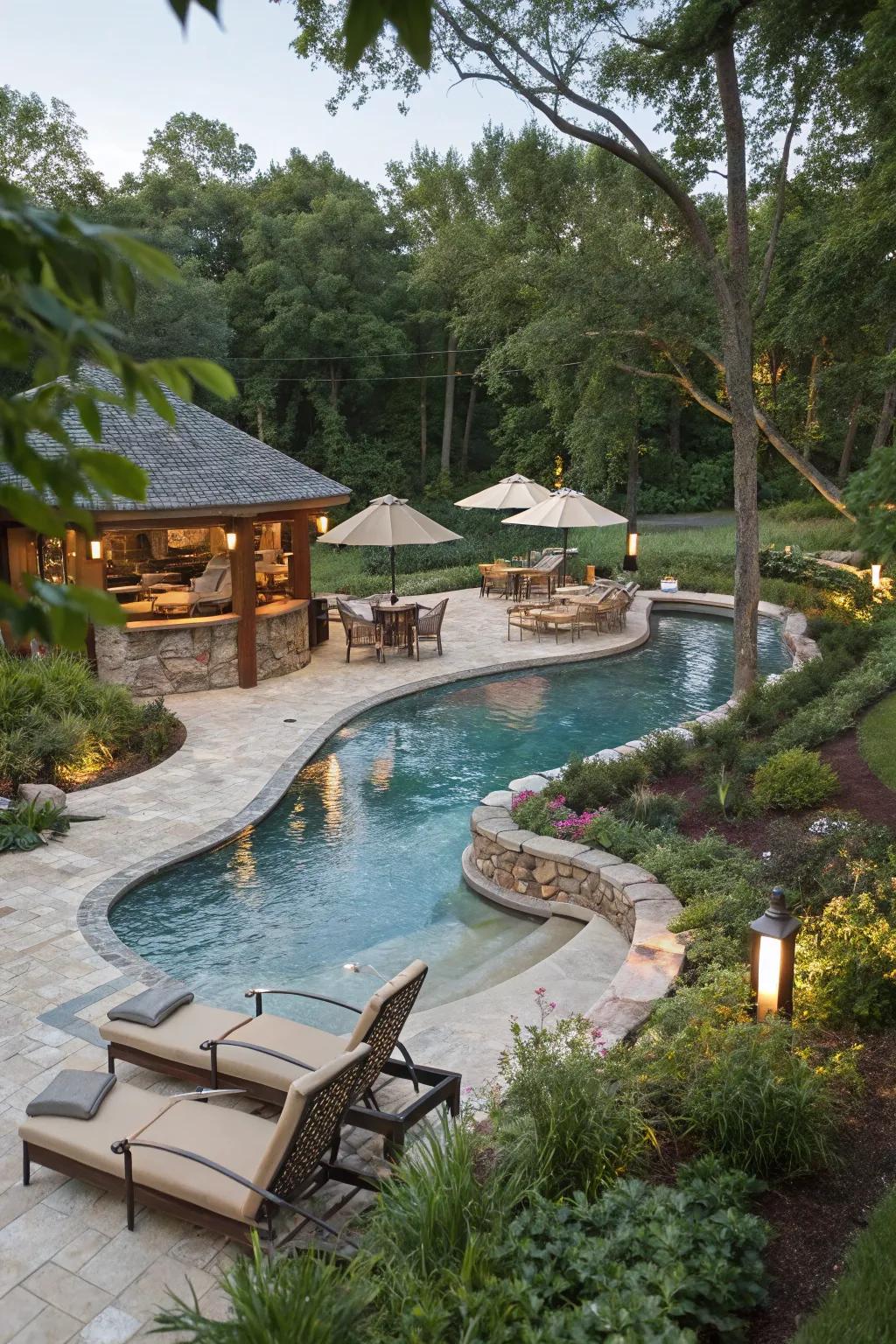 A convenient swim-up bar in a meandering pool for easy entertaining.