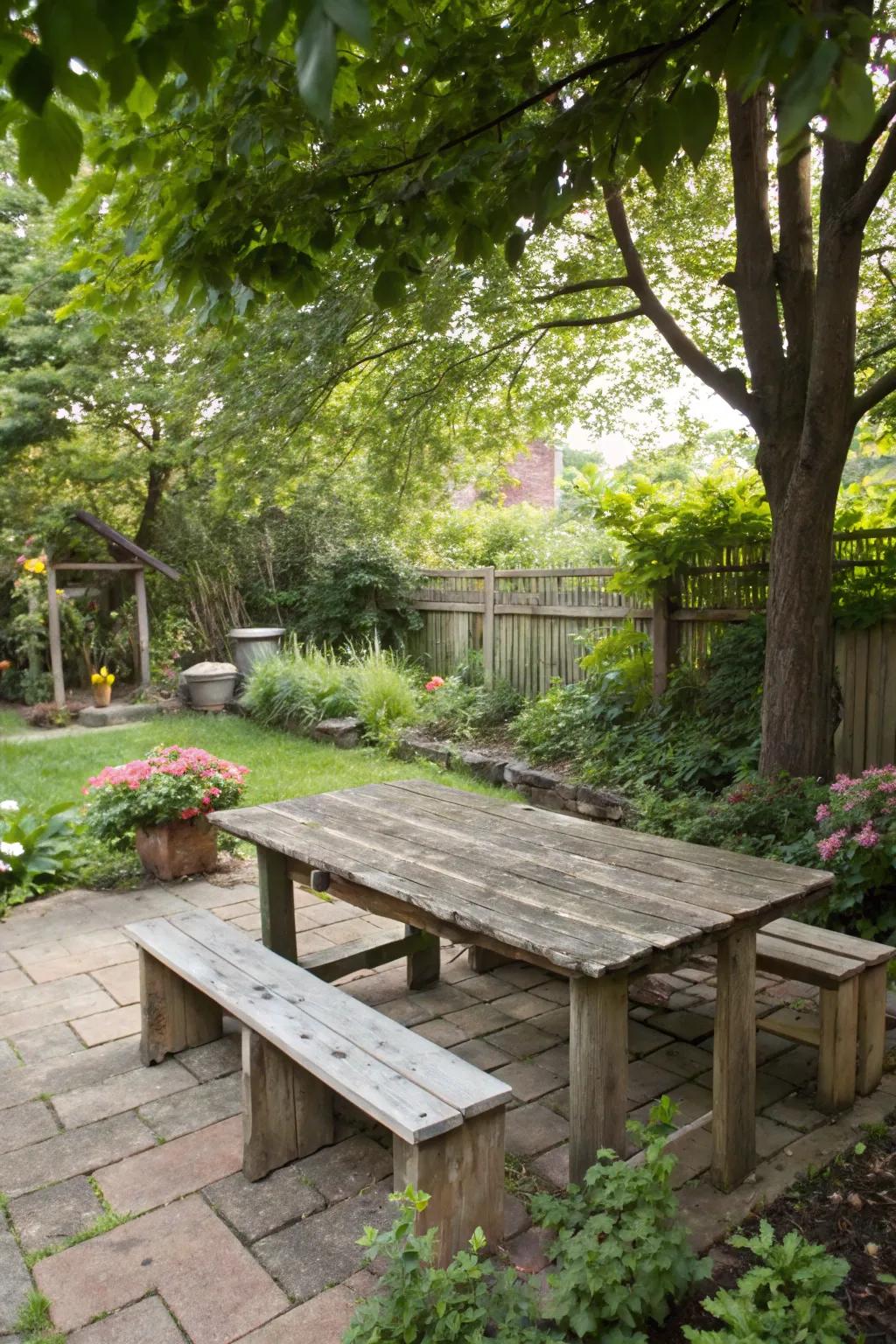 Reclaimed timber furniture injects persona and sustainability into your patio.