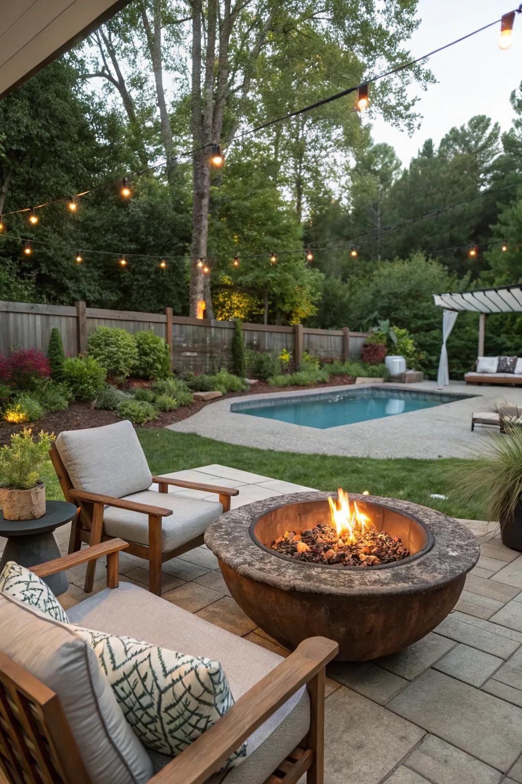 Add warmth and charm with a rustic fire bowl.