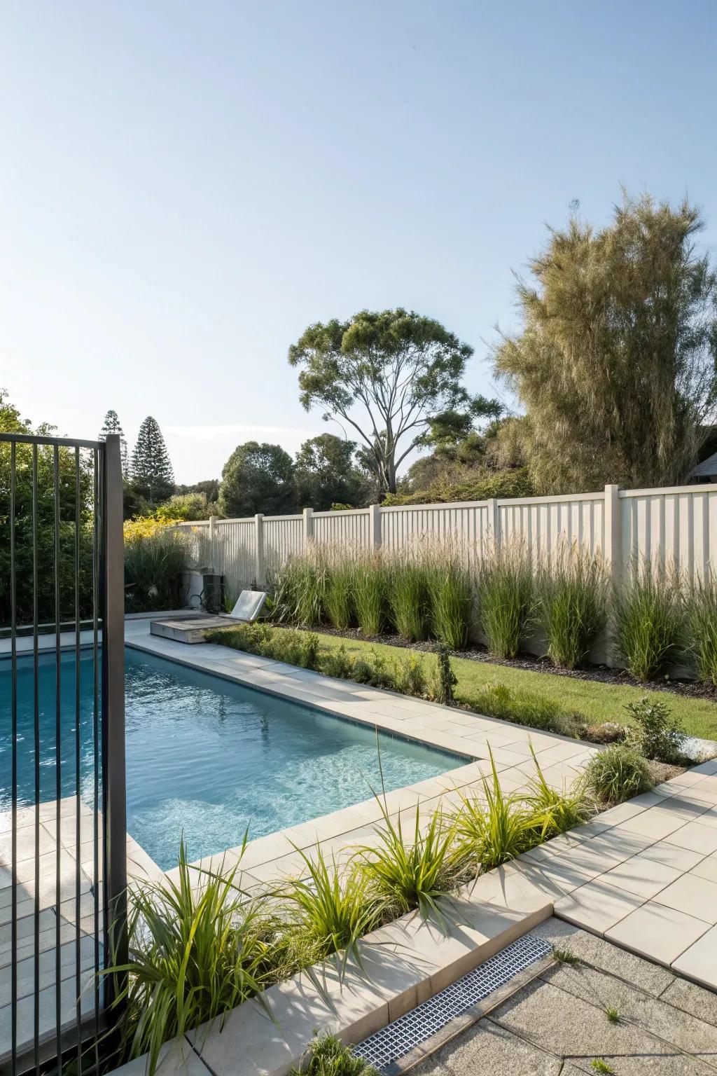 A private backyard pool space with minimalist fencing.