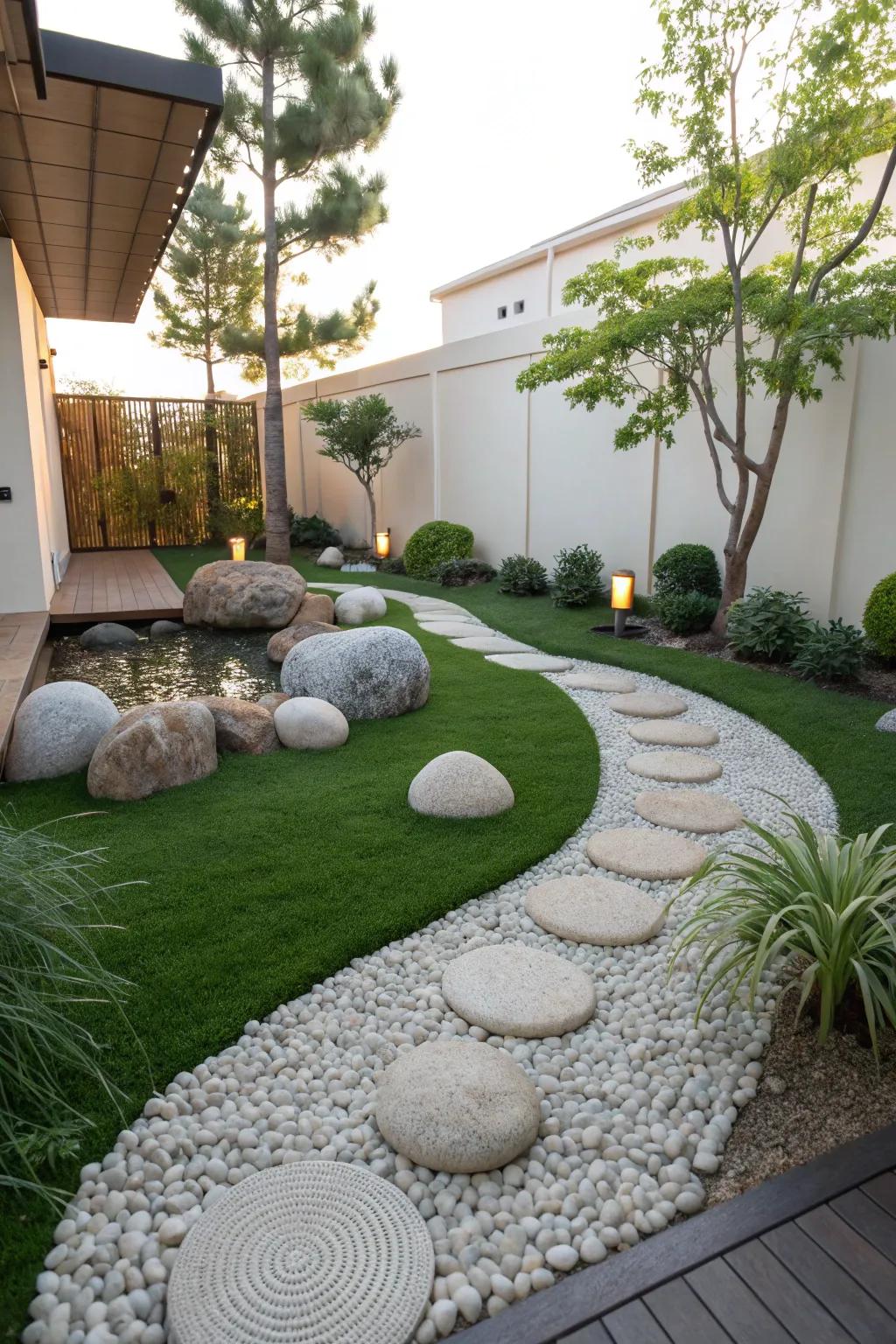 A calming Zen garden with rich grass.