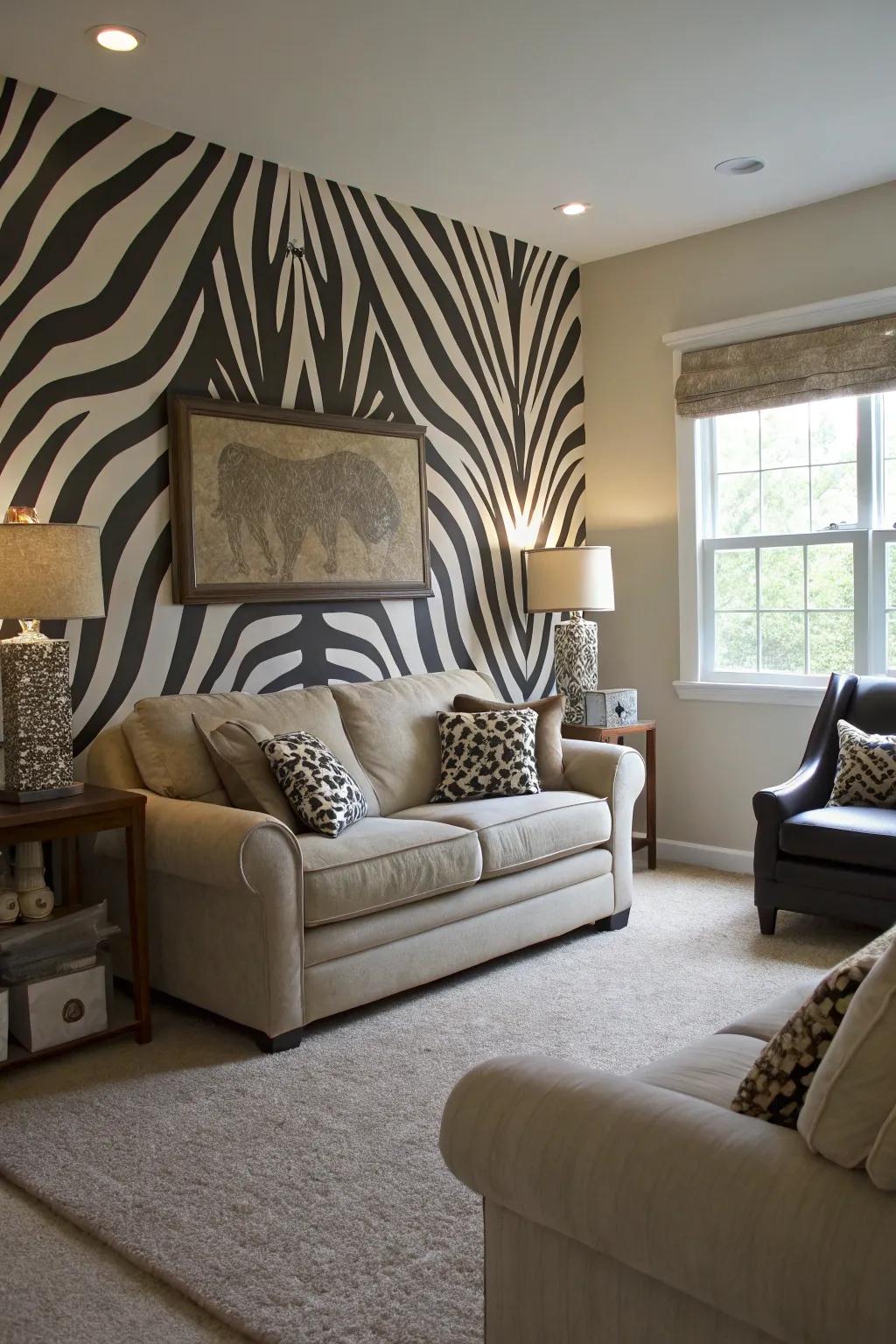 A family room dominated by a striking zebra-striped accent partition.
