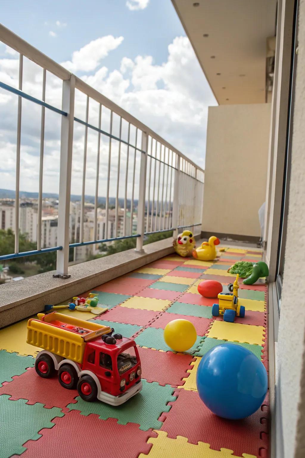 Polymer pavers provide a secure, impact-absorbing surface ideal for family-friendly balconies.