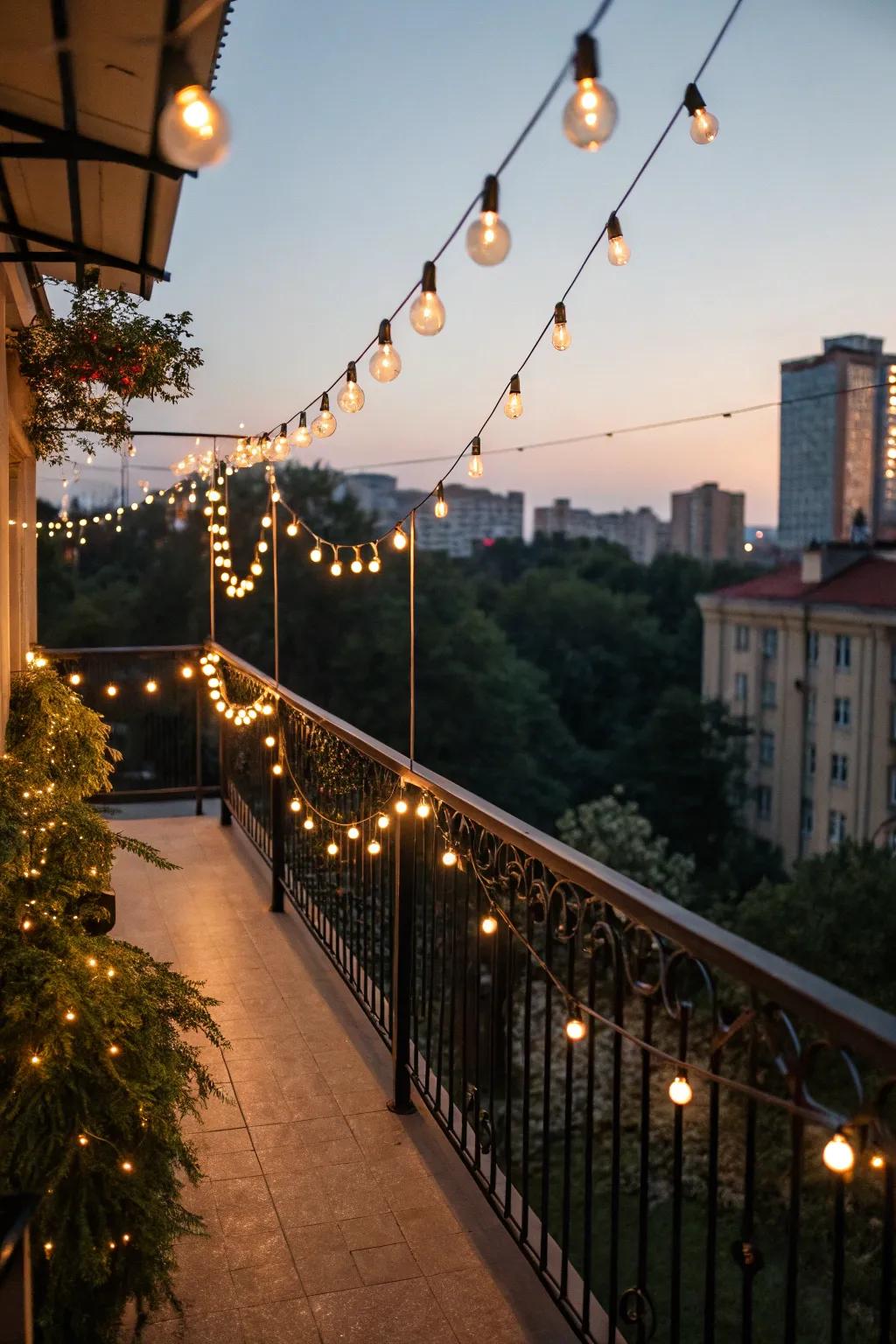 Festive lights bring a cheerful and celebratory vibe to any balcony setting.