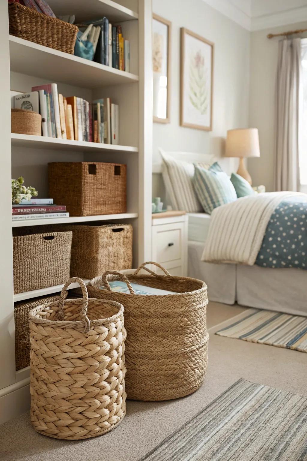 Woven containers combine function with rustic charm.